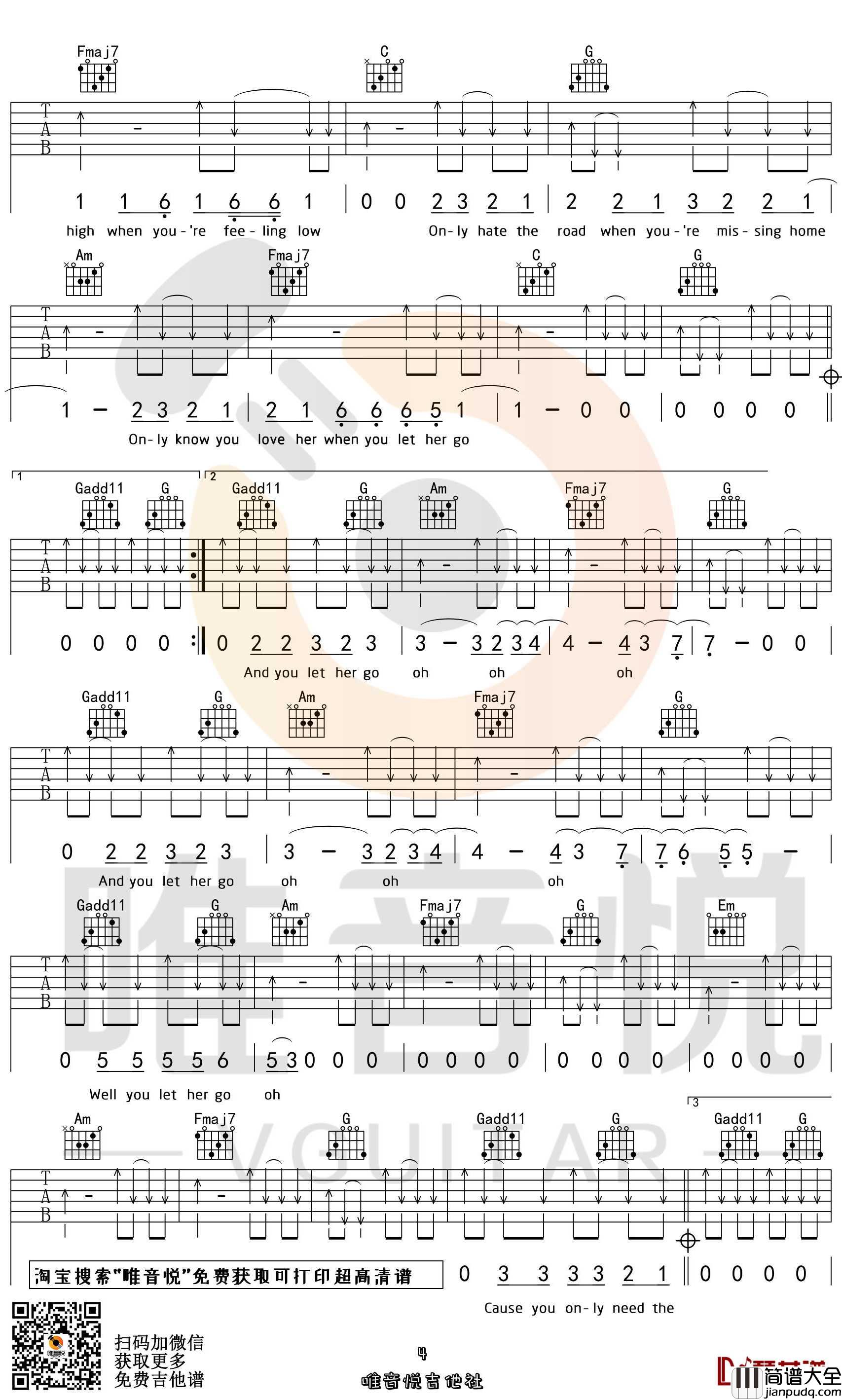 Let_Her_Go吉他谱_Passenge_C调原版_弹唱六线谱