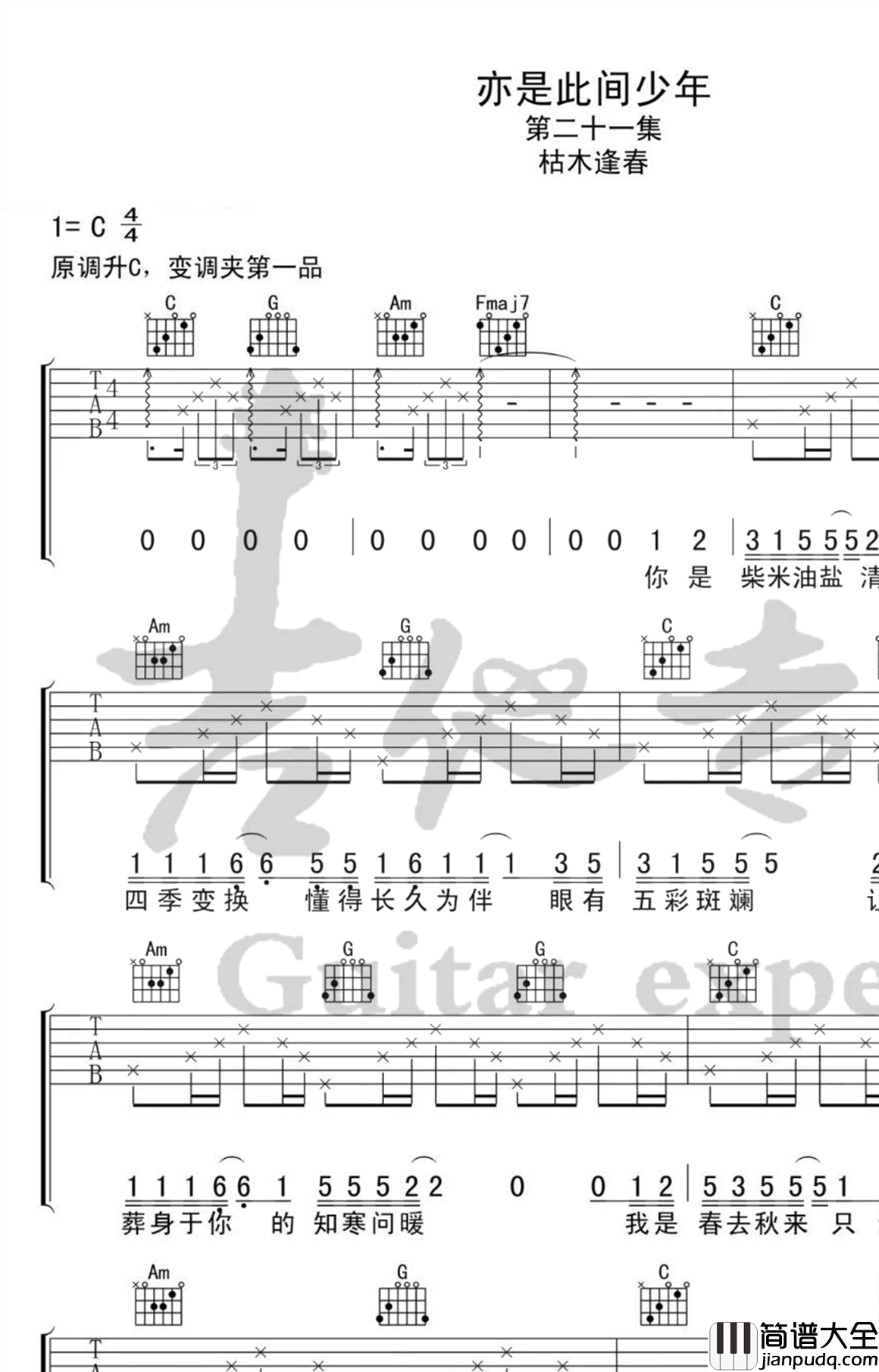 _亦是此间少年_吉他谱_枯木逢春_C调原版弹唱谱_高清六线谱