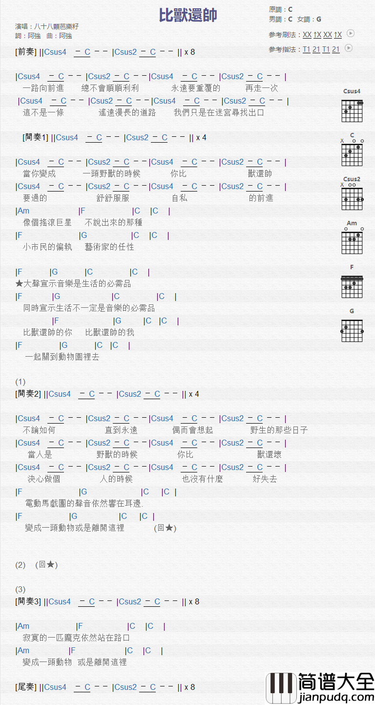 比兽还帅_吉他谱_八十八颗芭乐籽