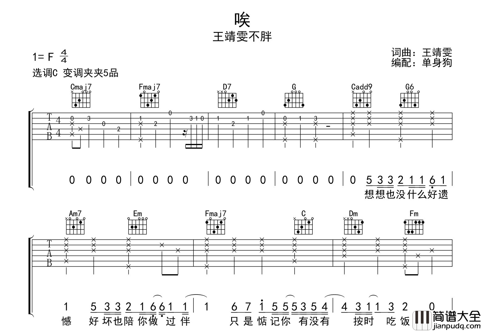 王靖雯_唉_吉他谱_C调指法编配__中国好声音_现场版