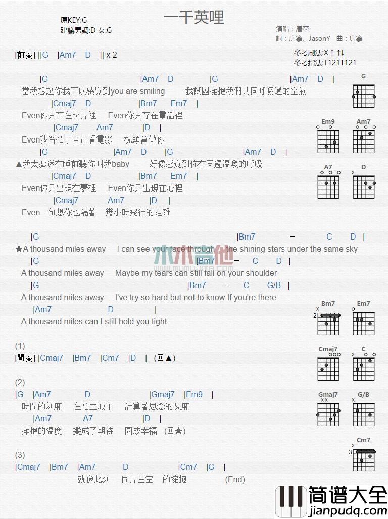 一千英哩_吉他谱_唐宁