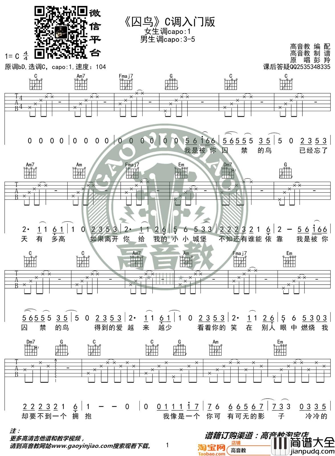 囚鸟吉他谱_C调入门版_高音教编配_彭羚