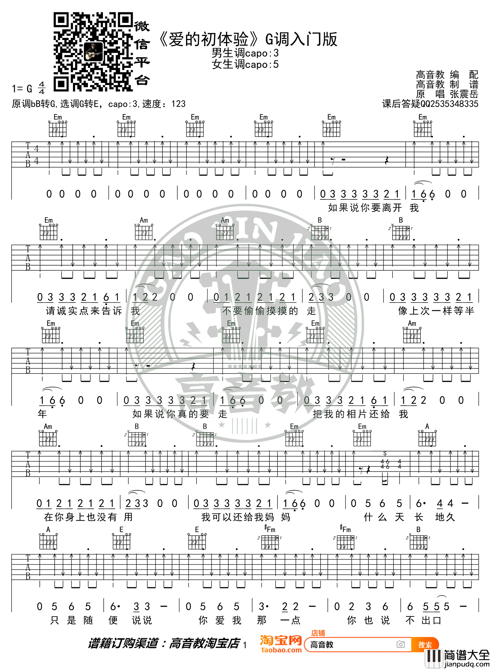 爱的初体验吉他谱_张震岳_G调热门版_简单弹唱谱