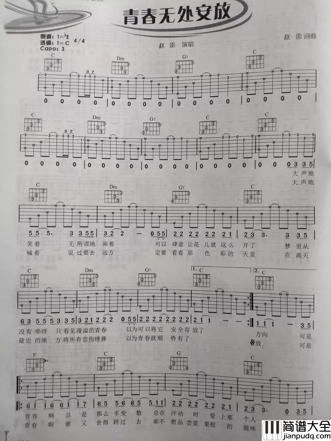 青春无处安放_赵雷_C调吉他谱