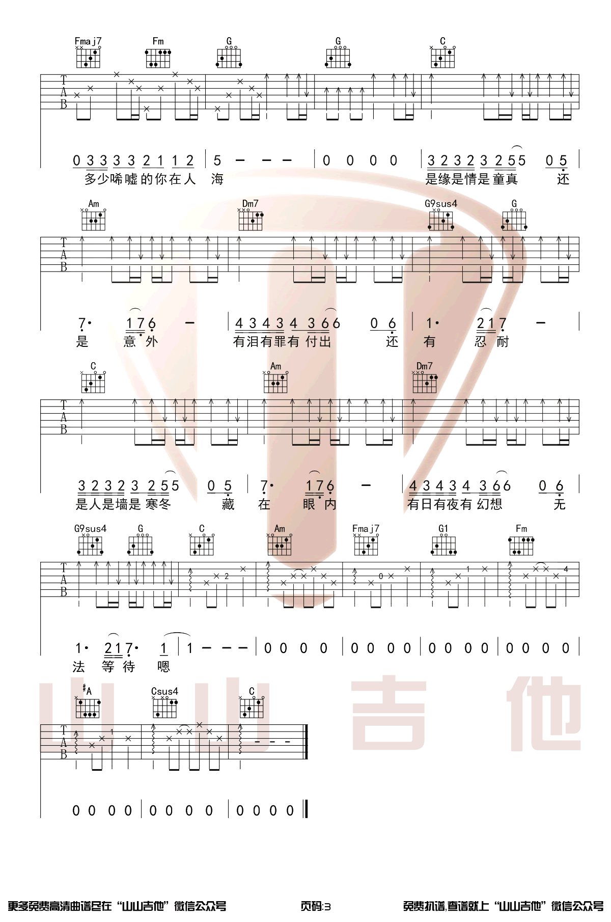 情人吉他谱_Beyond__情人_C调原版弹唱六线谱_高清图片谱
