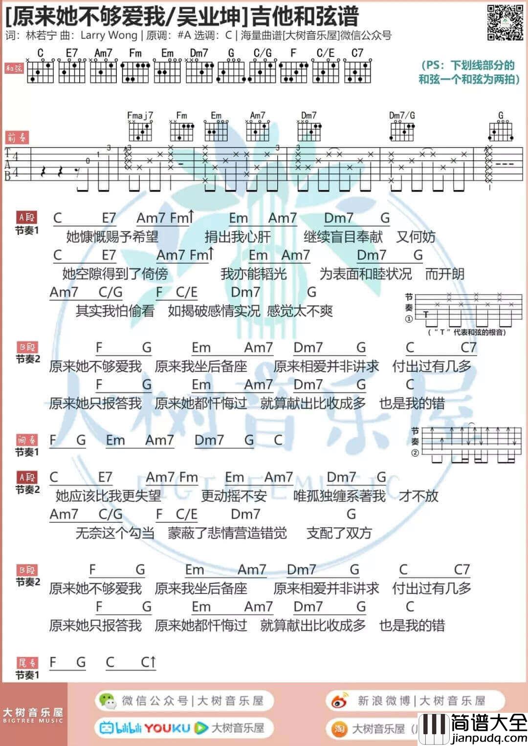 原来她不够爱我吉他谱_C调_吴业坤
