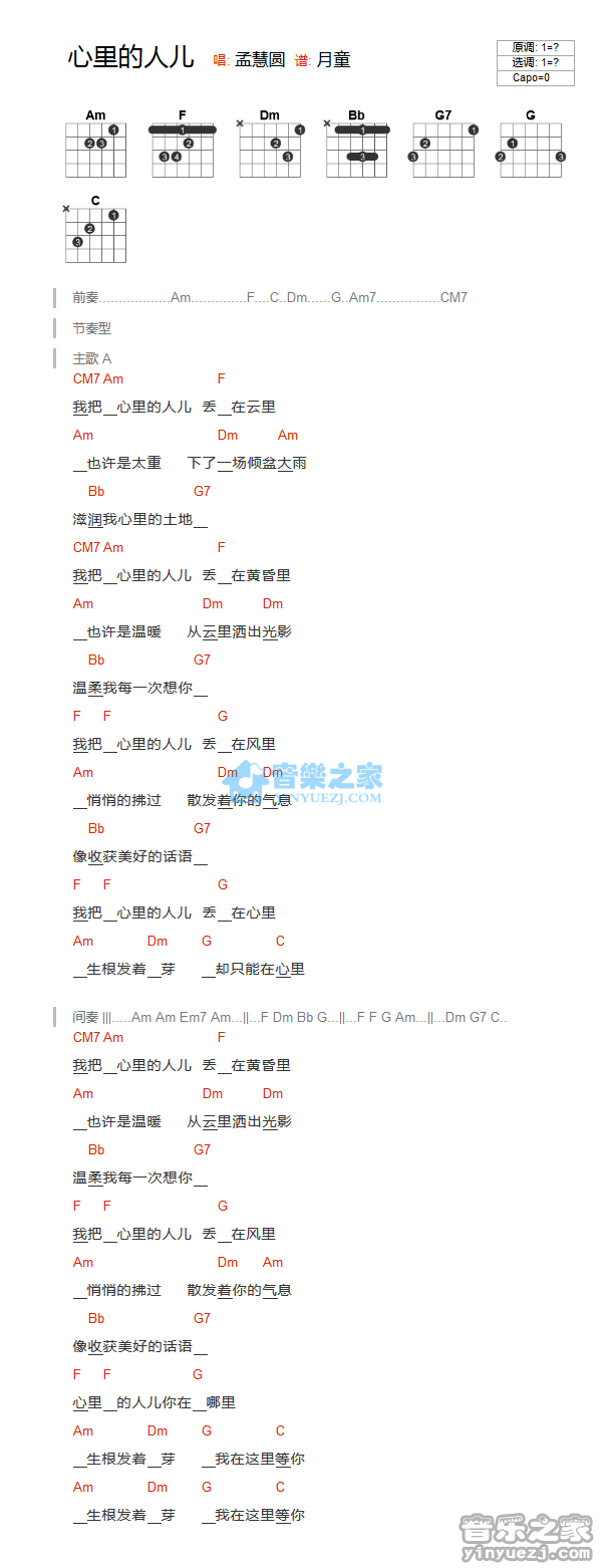 心里的人儿吉他谱_C调和弦谱_孟慧圆