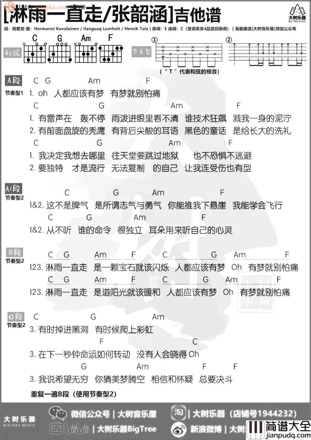 淋雨一直走吉他谱_张韶涵_C调简单原版和弦谱