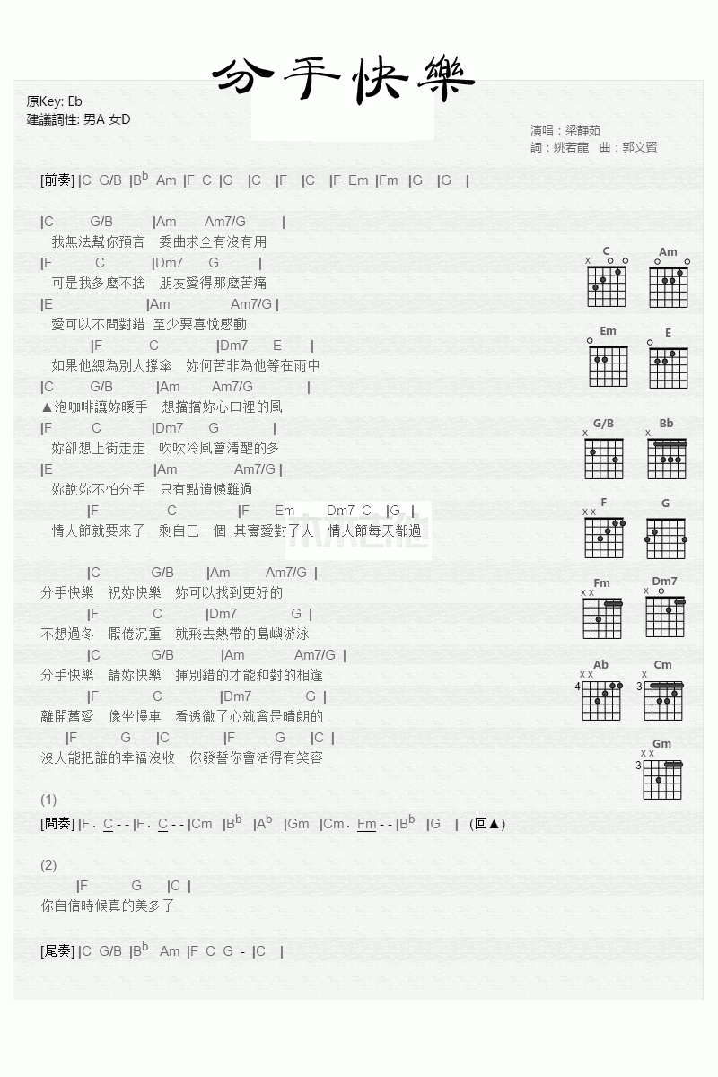 梁静茹_分手快乐_吉他谱_弹唱谱