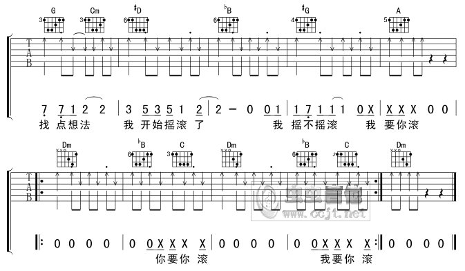 我开始摇滚了吉他谱_F调扫弦版_正午阳光