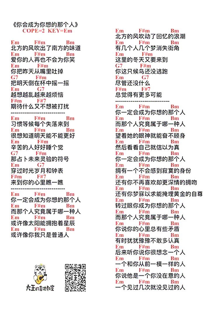 你会成为你想的那个人吉他谱_梁博_弹唱图片谱