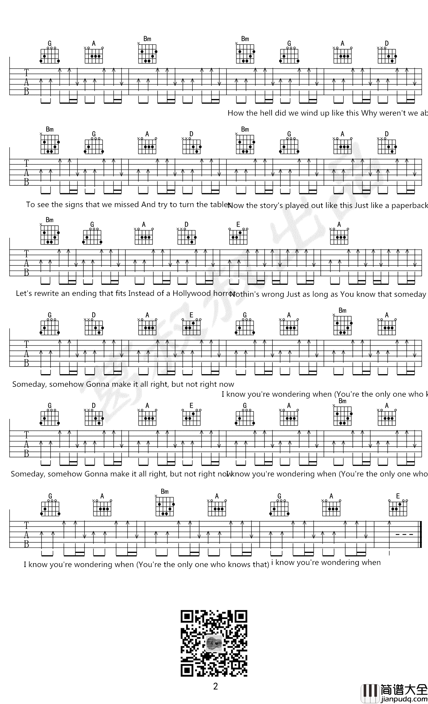Someday吉他谱_Nickelback_B调弹唱六线谱