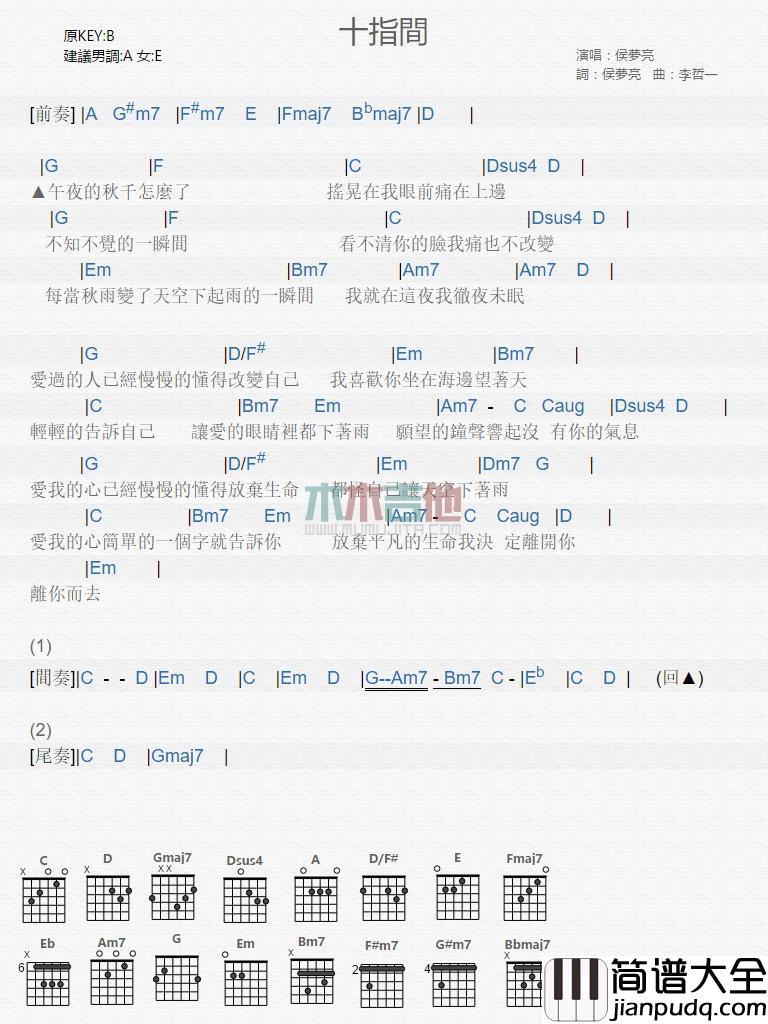 十指间_吉他谱_侯梦亮