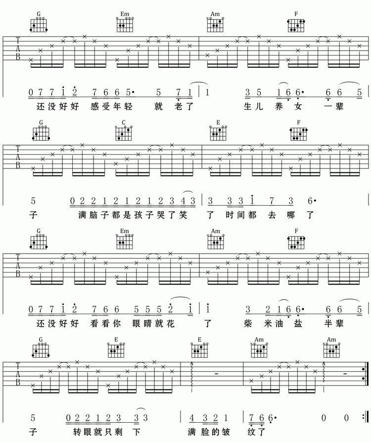 时间都去哪儿了吉他谱C调_简单版_王铮亮