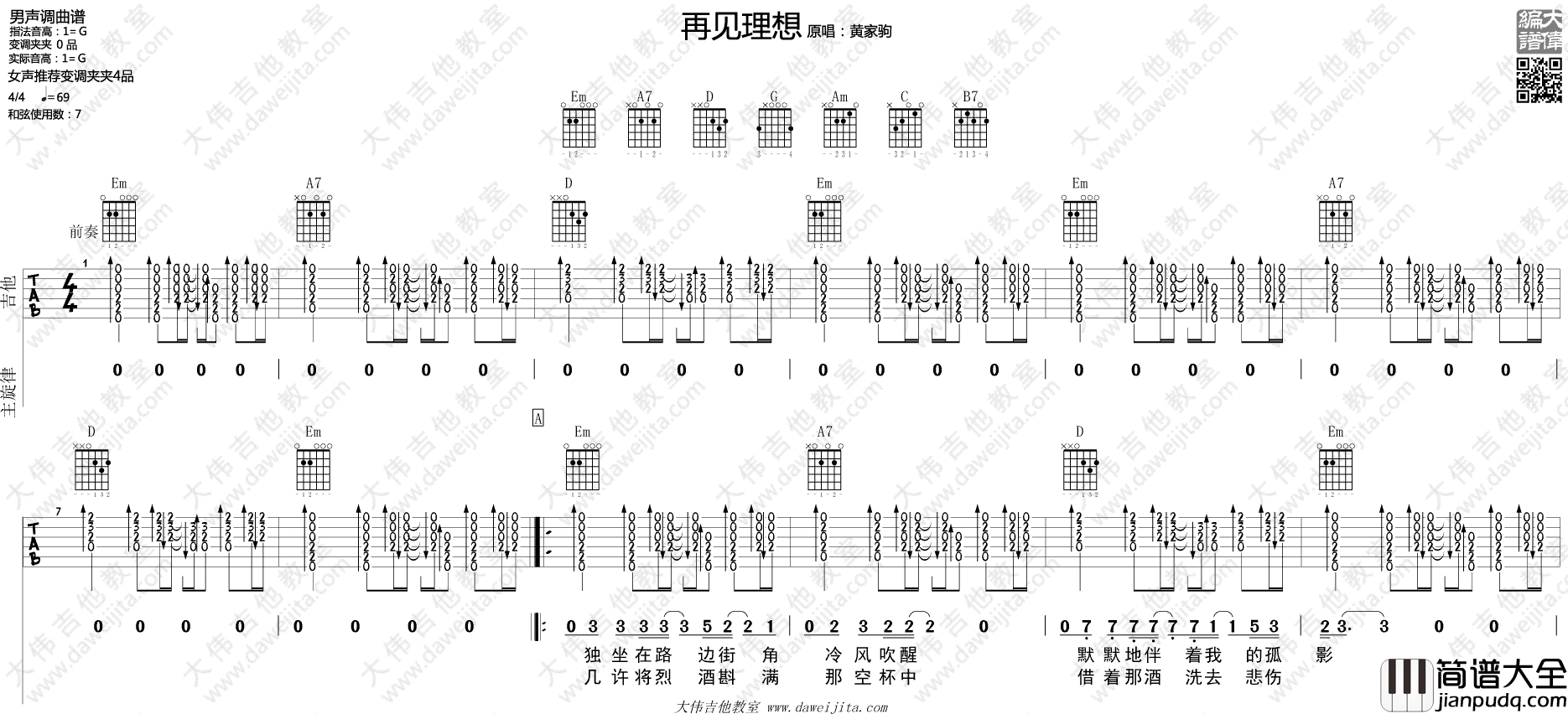 再见理想吉他谱_Beyond_G调六线谱