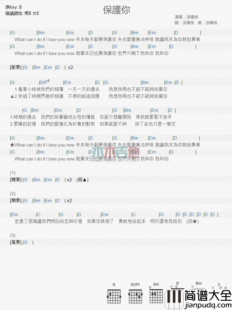 保护你_吉他谱_派伟俊