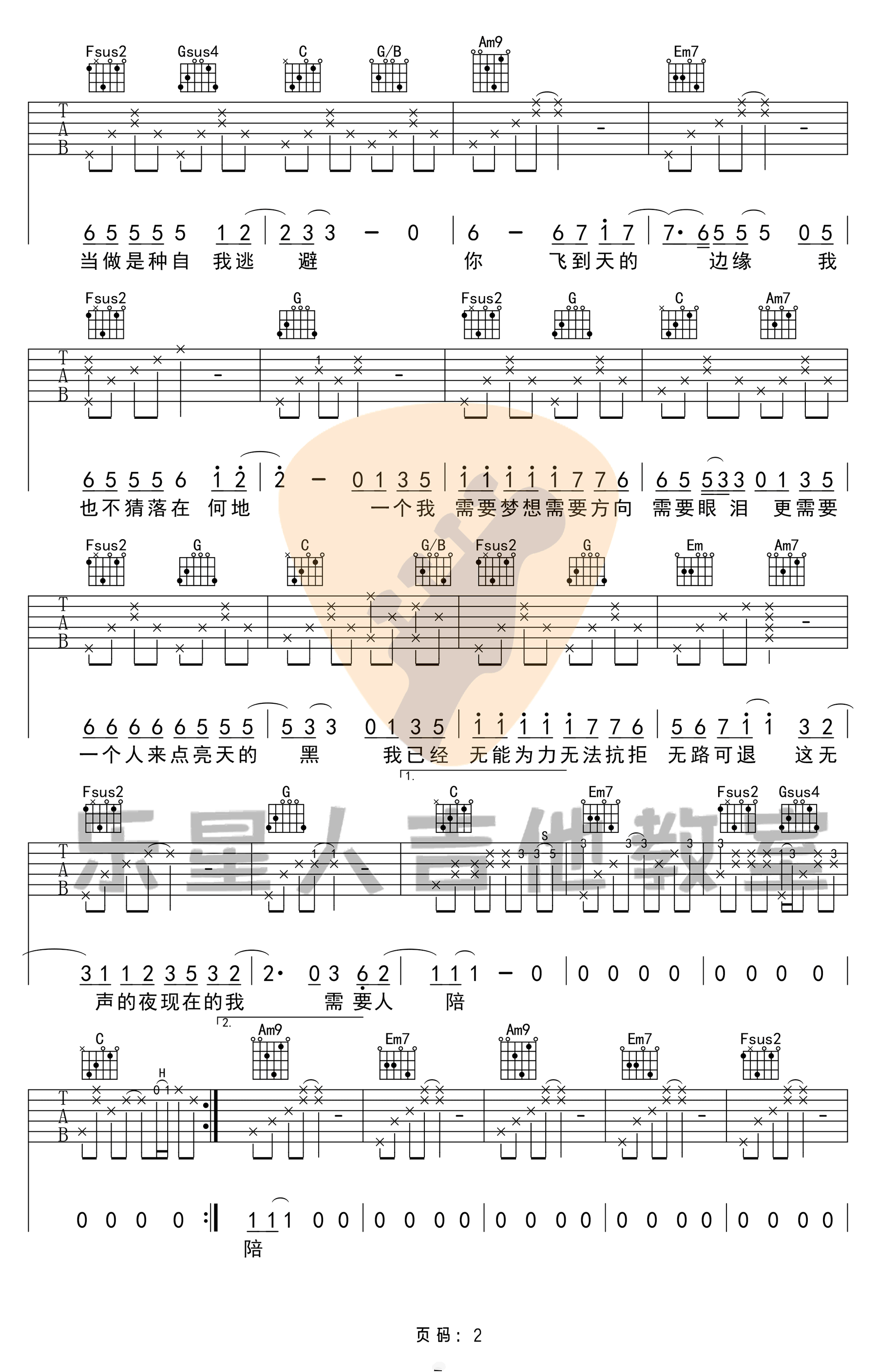 _需要人陪_吉他谱_王力宏_C调原版弹唱六线谱_高清图片谱
