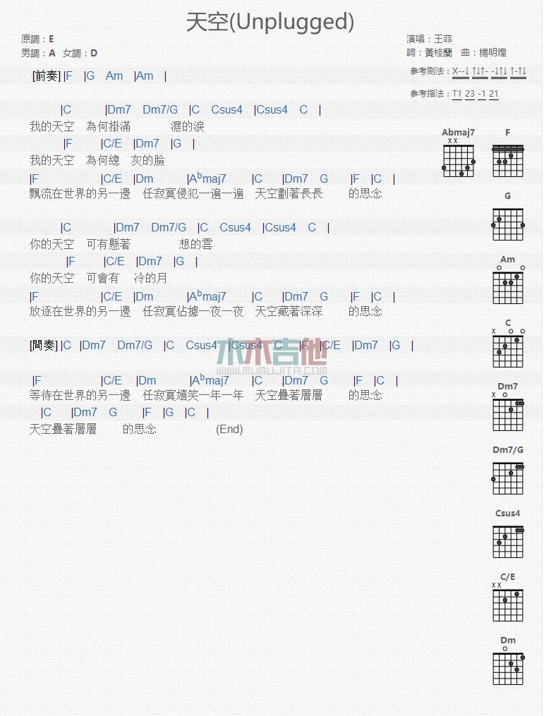 天空Unplugged_吉他谱_王菲