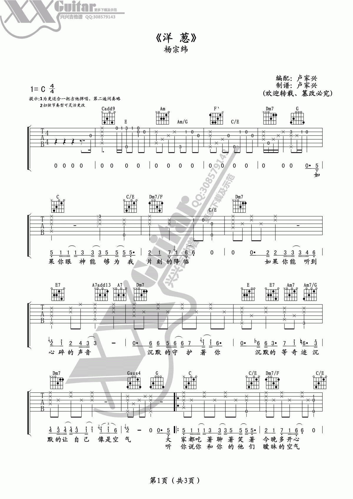 杨宗纬_洋葱_吉他谱_C调
