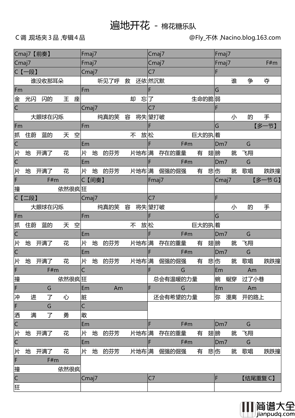 遍地开花吉他谱_棉花糖_C调弹唱谱_高清图片谱
