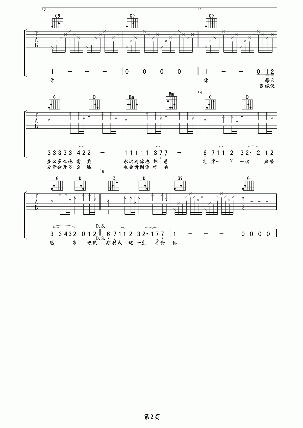 beyond_遥望吉他谱_G调