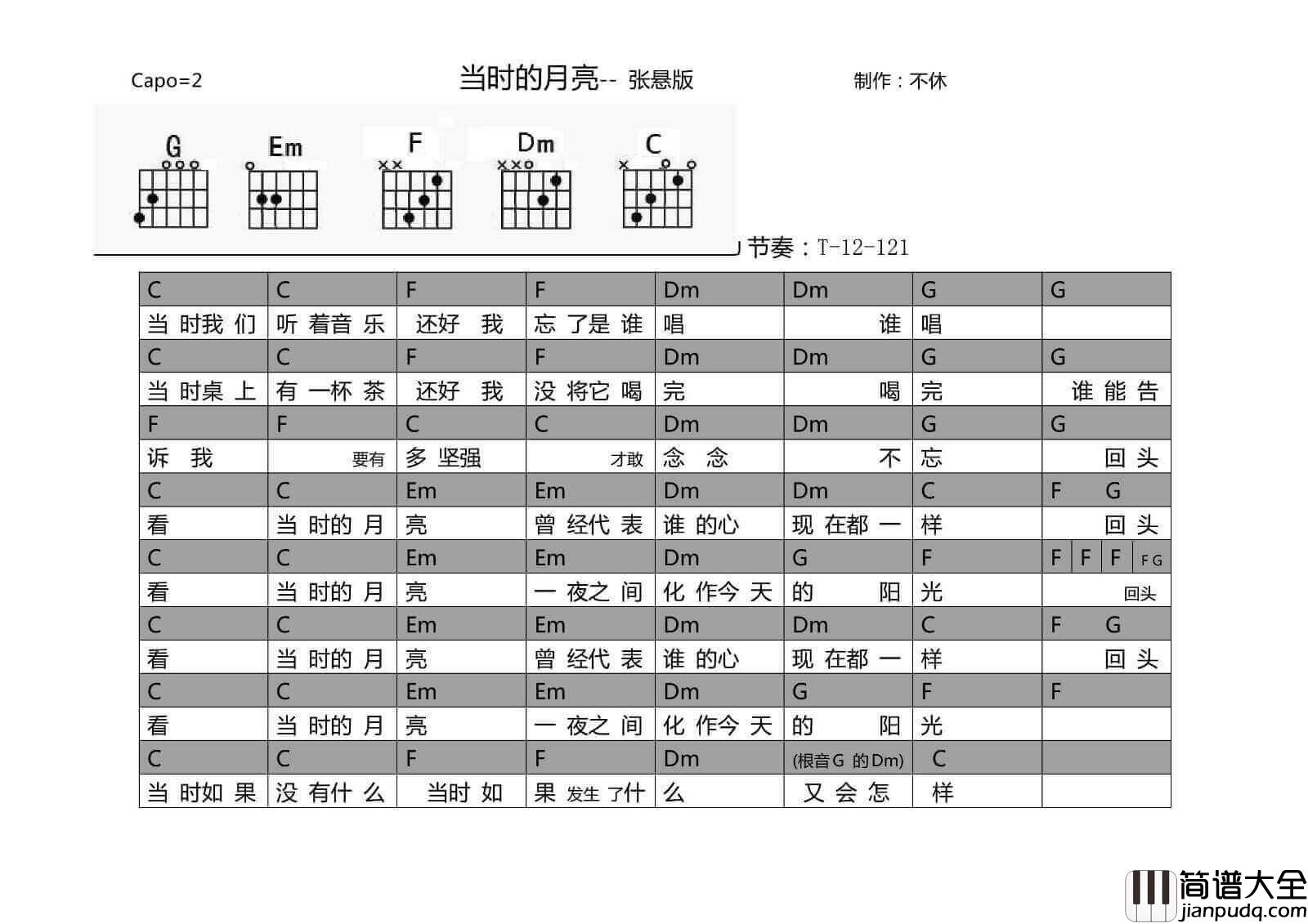 当时的月亮吉他谱_两个版本和弦谱_张悬/王菲