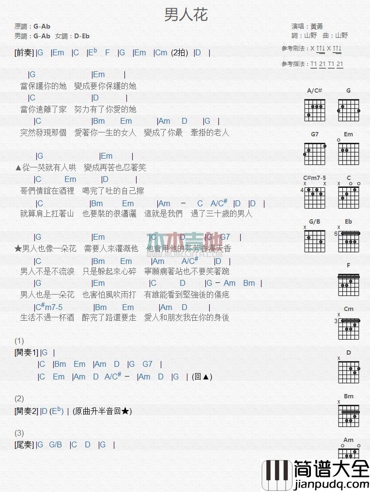 男人花_吉他谱_黄勇