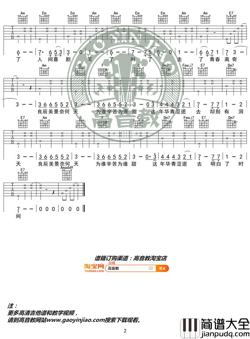 王菲_致青春_吉他谱_C调精华版_高音教编配_猴哥吉他教学