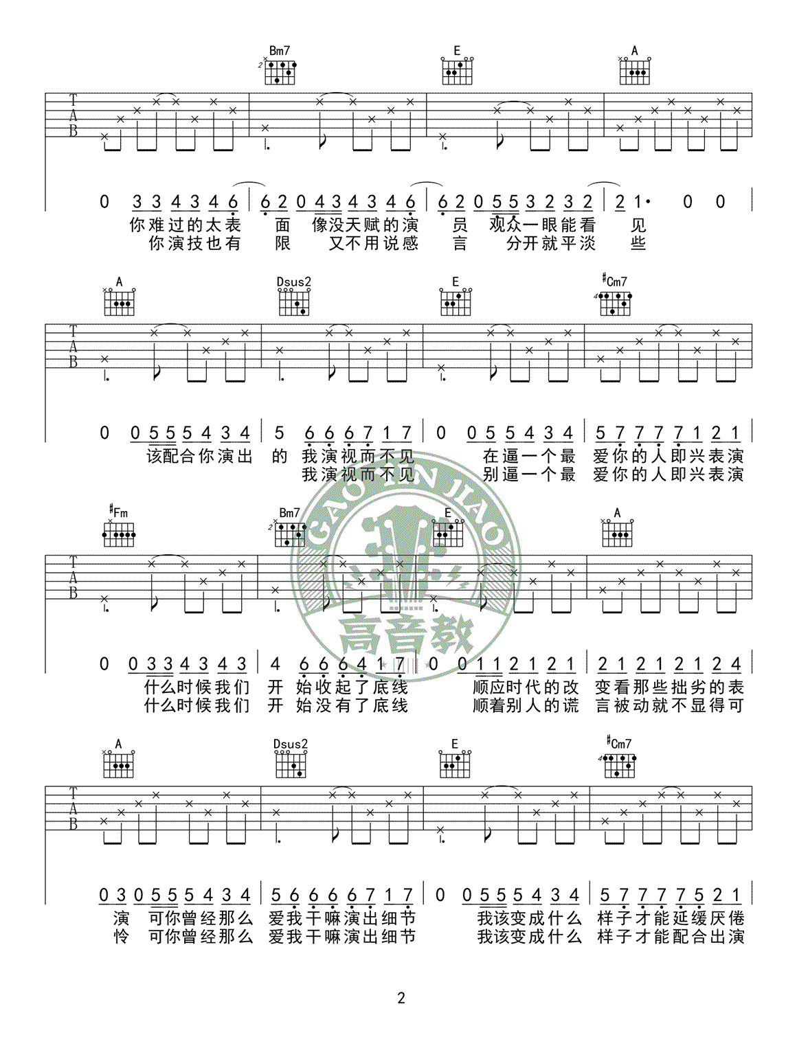 薛之谦_演员_A调简单版吉他弹唱六线谱_高清图片谱