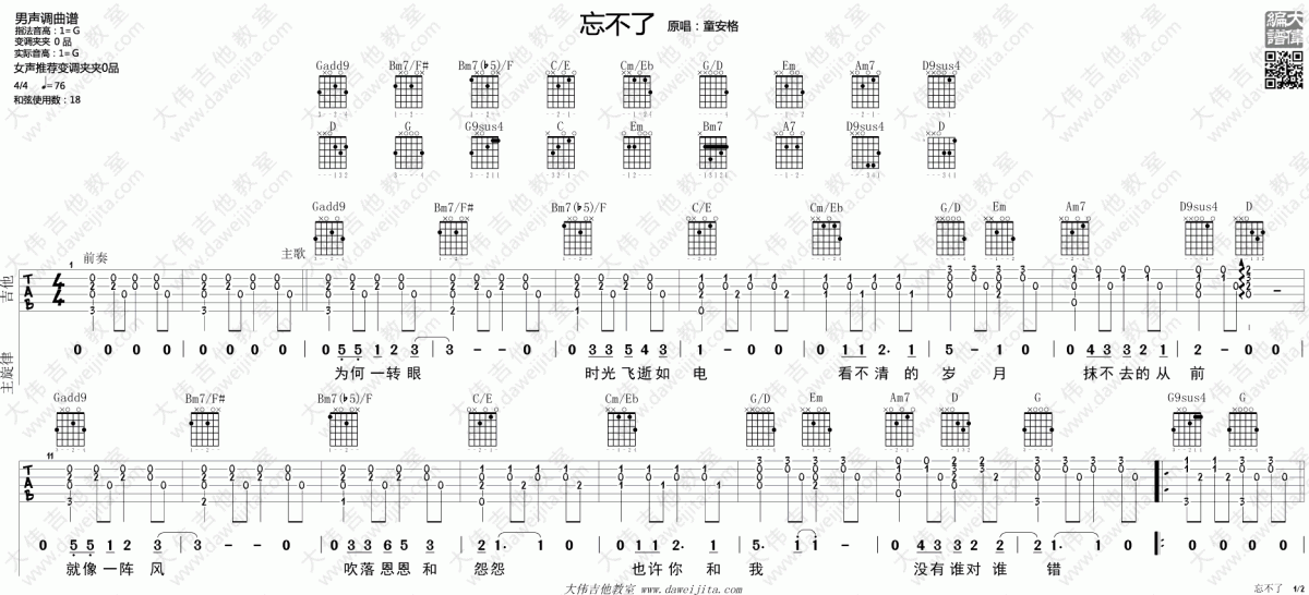 忘不了_G调吉他谱_童安格
