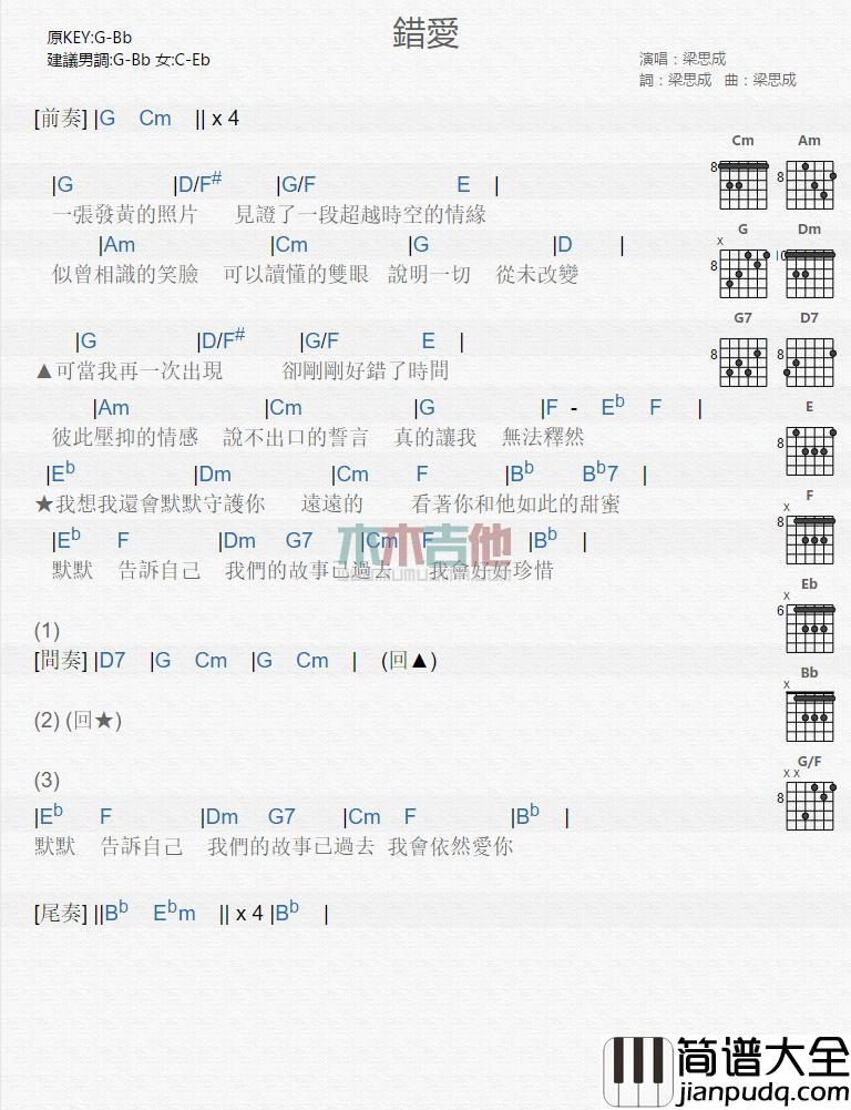 错爱_吉他谱_梁思成