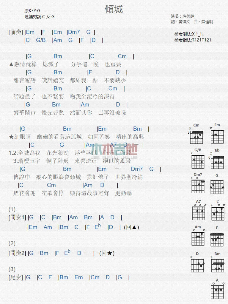 倾城吉他谱_G调和弦谱_许美静