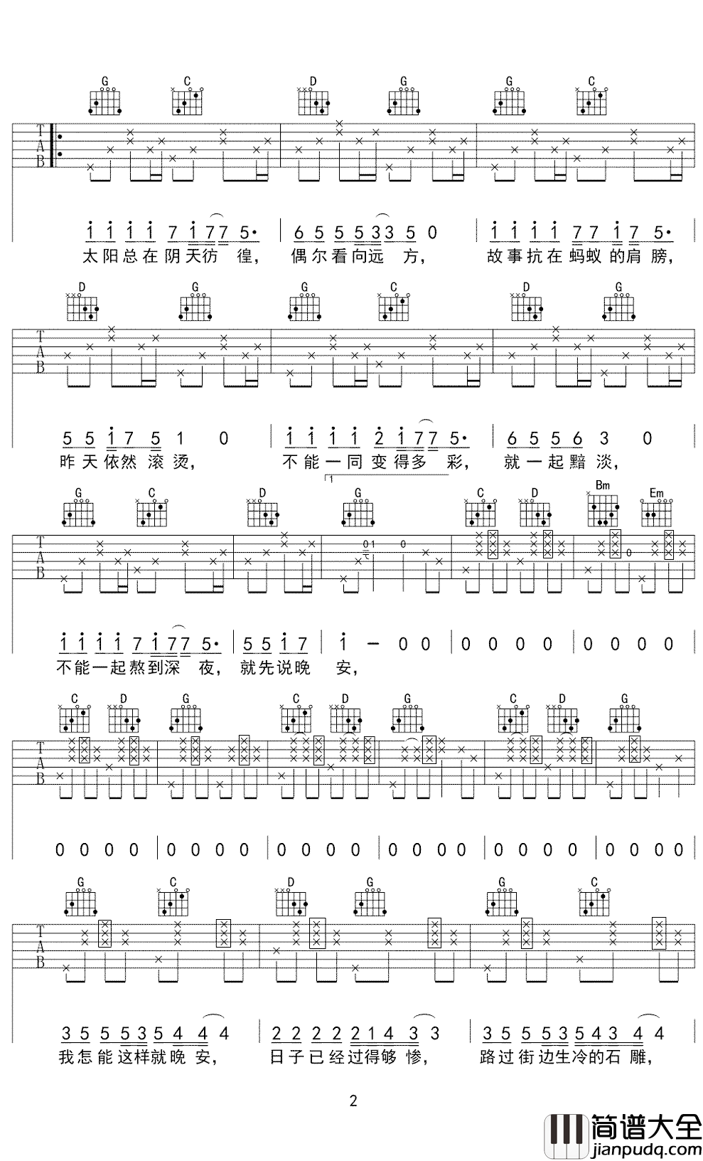 如人饮水吉他谱_G简单版_姜铭扬/闷猪_吉他弹唱谱