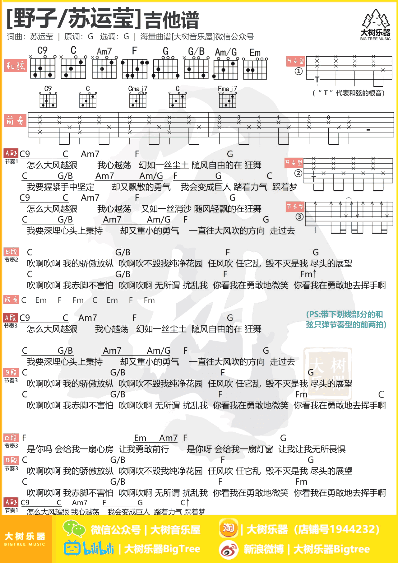 野子吉他谱_苏运莹/田馥甄_中国好歌曲__G调和弦谱