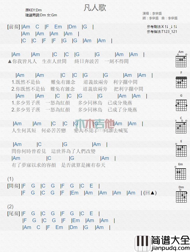凡人歌_吉他谱_李宗盛