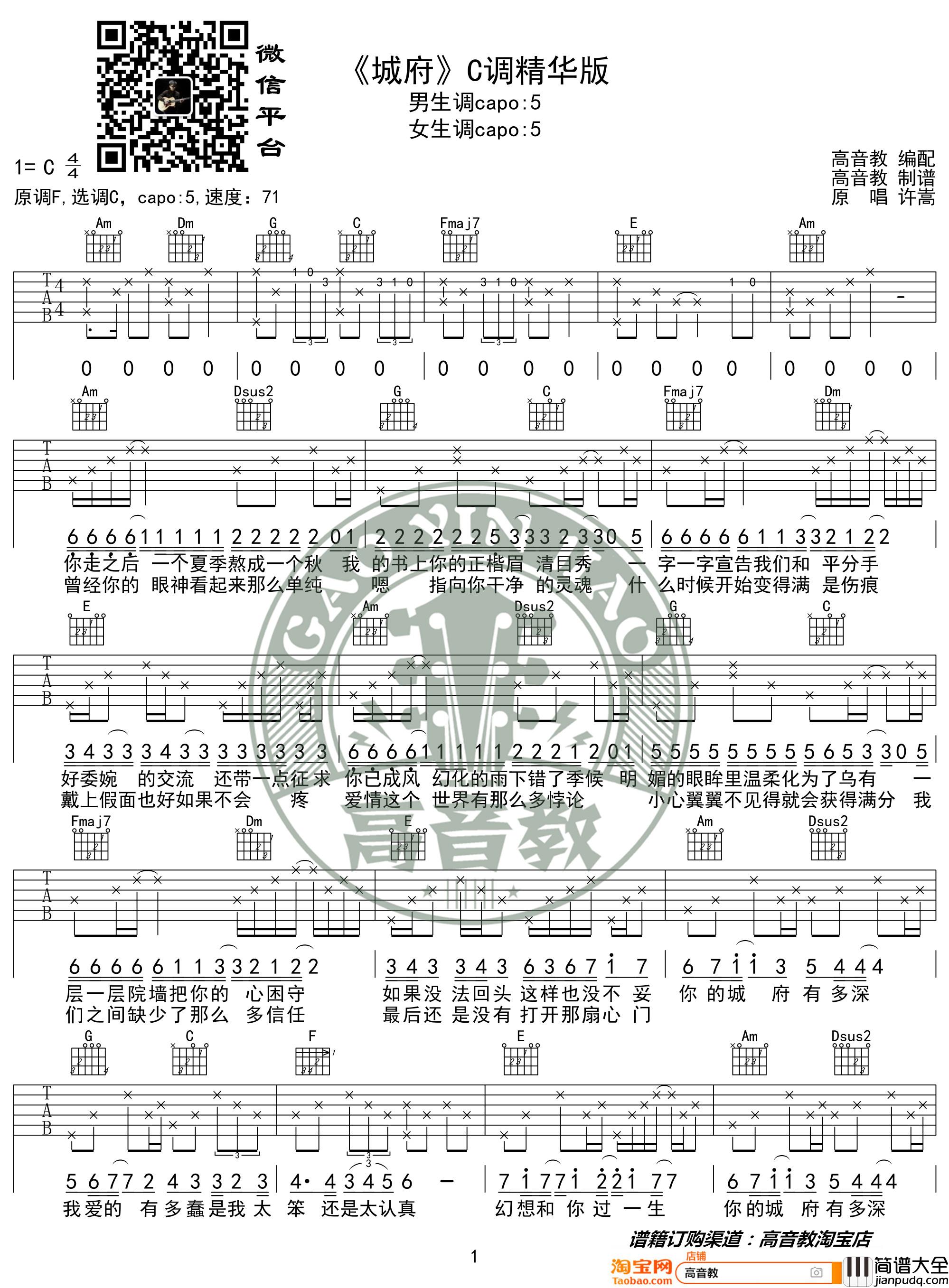 城府吉他谱_C调精华版_许嵩_高音教编配