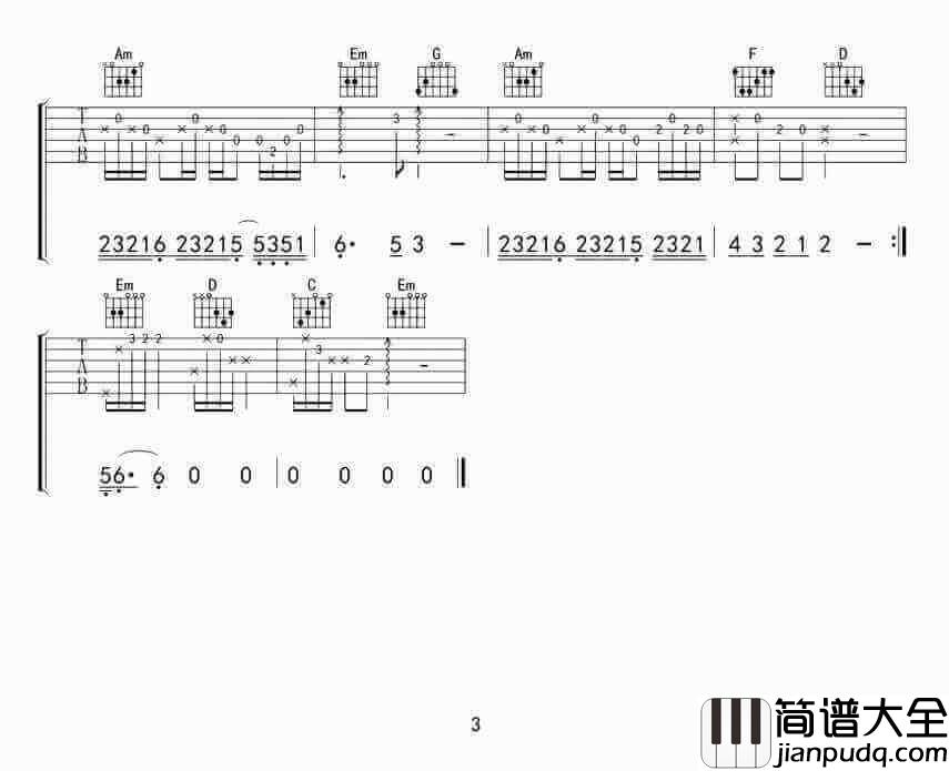 依靠吉他谱C调、任贤齐、依靠六线谱高清版