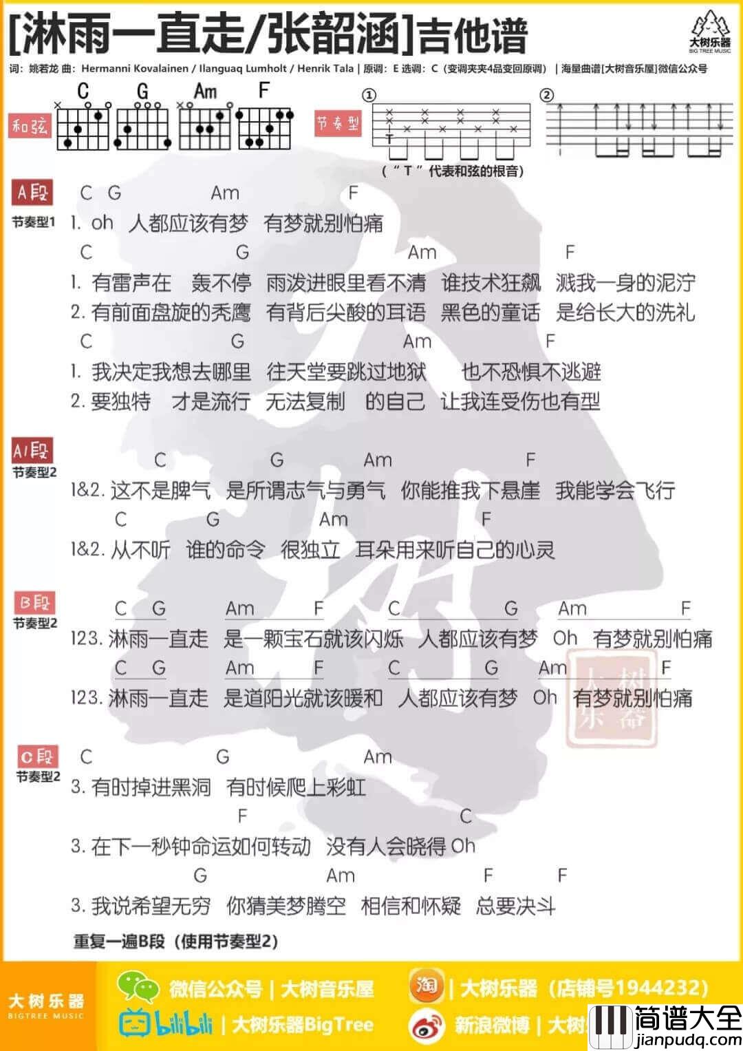 淋雨一直走吉他谱_C调和弦谱_张韶涵