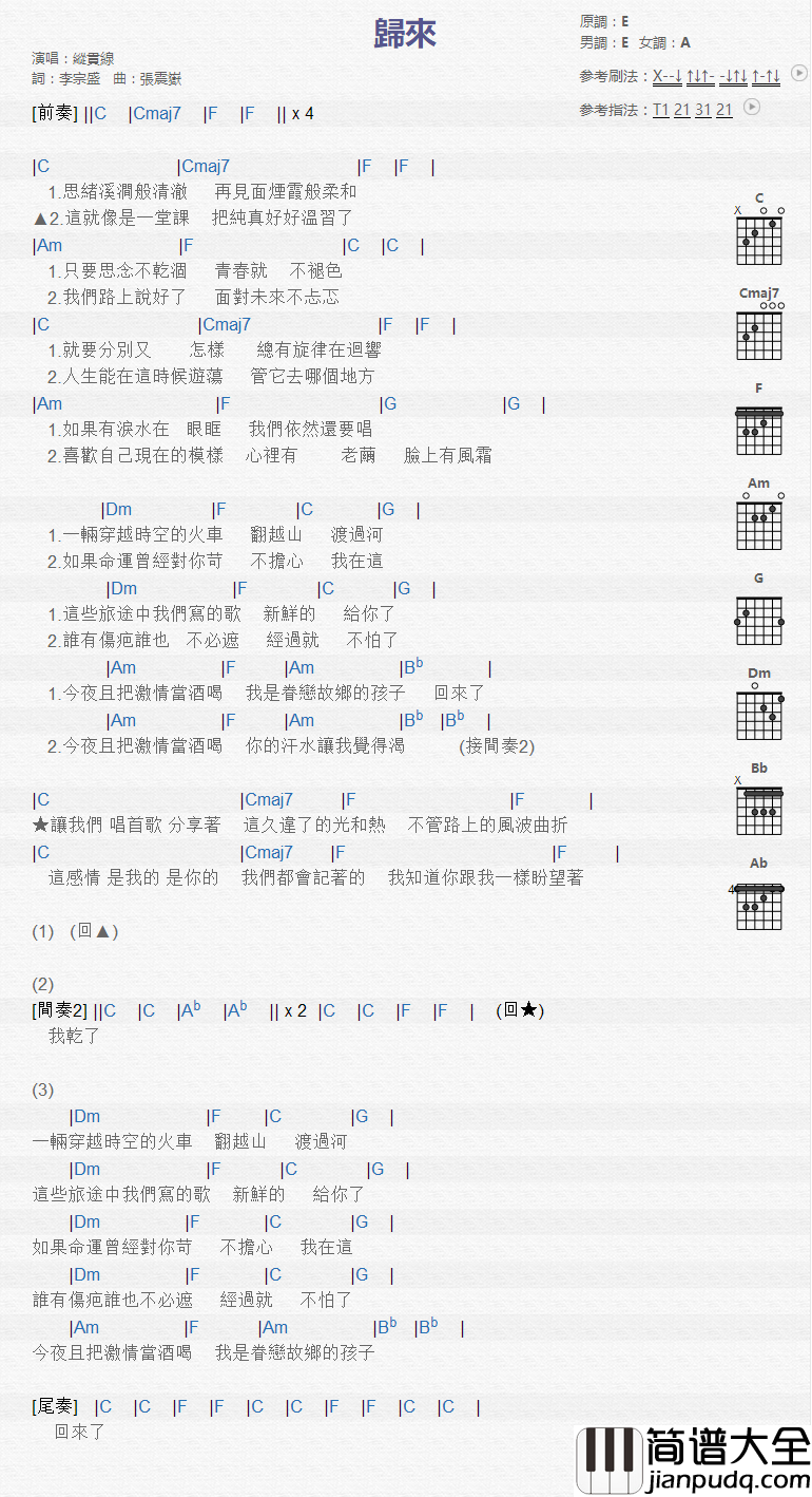 归来_吉他谱_纵贯线