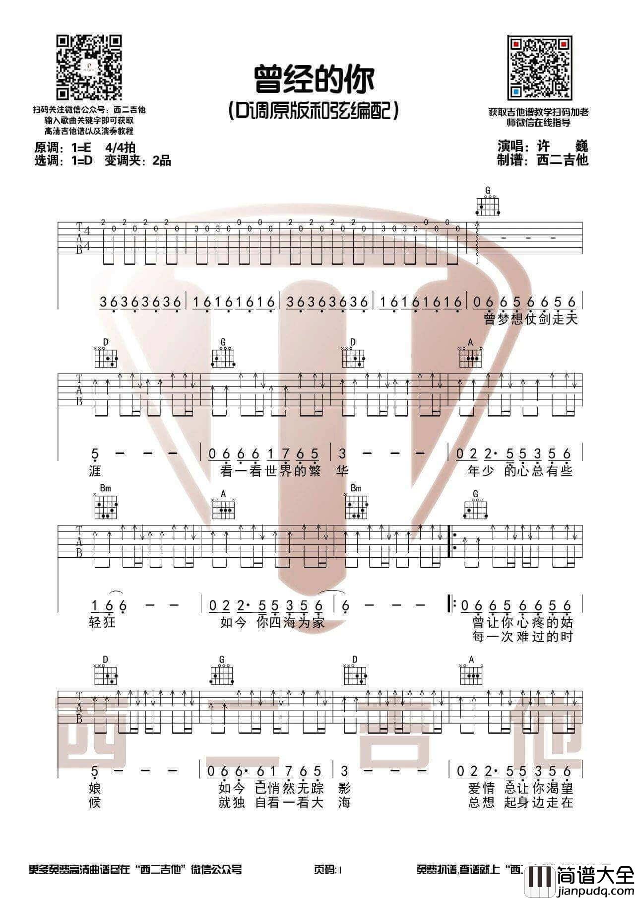 曾经的你吉他谱_D调_西二吉他编配_许巍