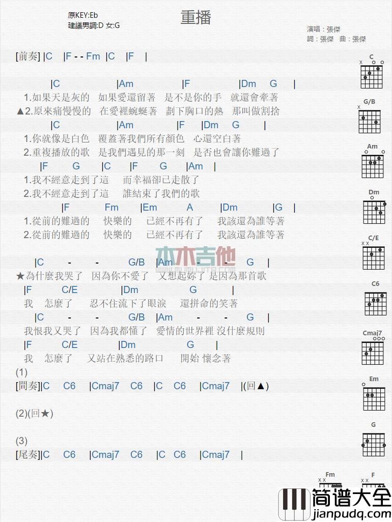 重播_吉他谱_AJ张杰