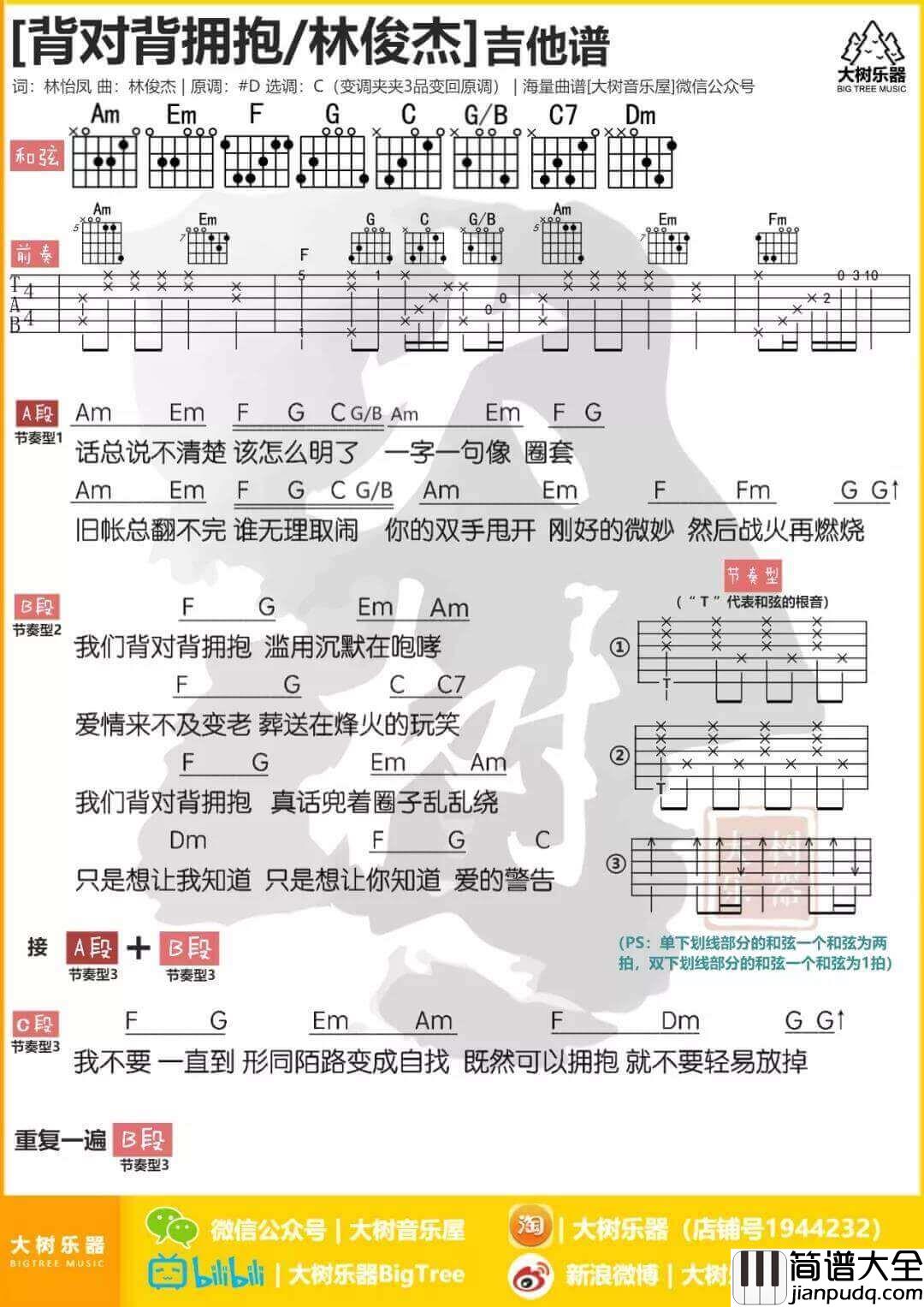 背对背拥抱吉他谱_C调和弦谱_林俊杰