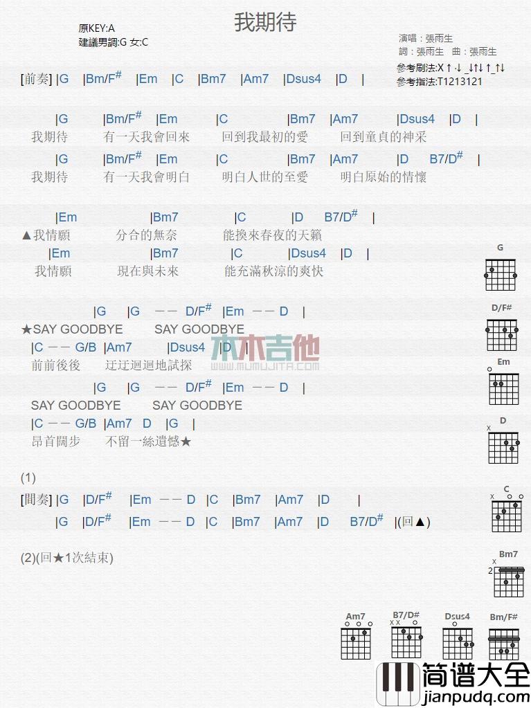 我期待_吉他谱_张雨生