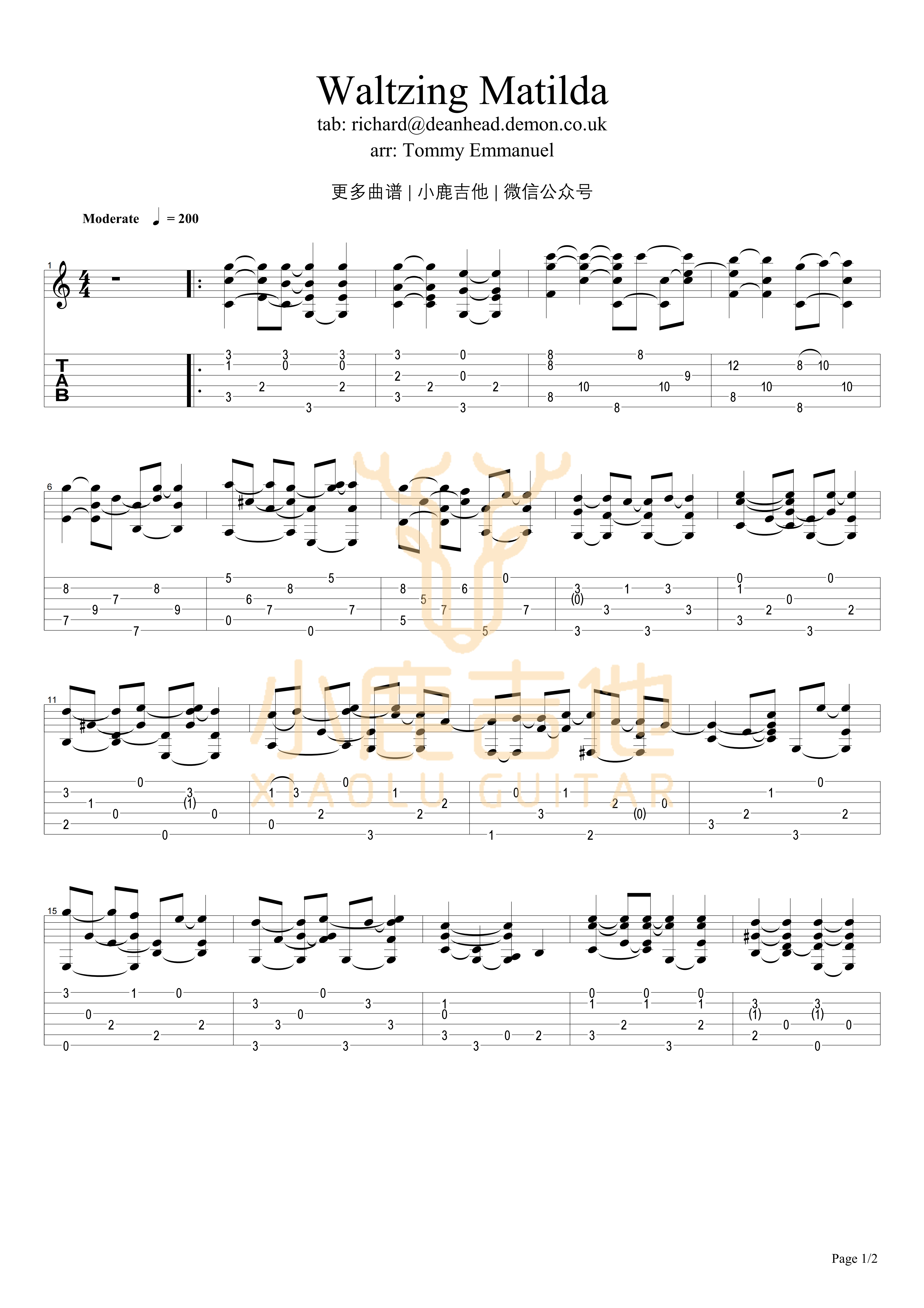 Waltzing_Matilda_Tommy_Emmanuel指弹吉他谱（小鹿吉他）