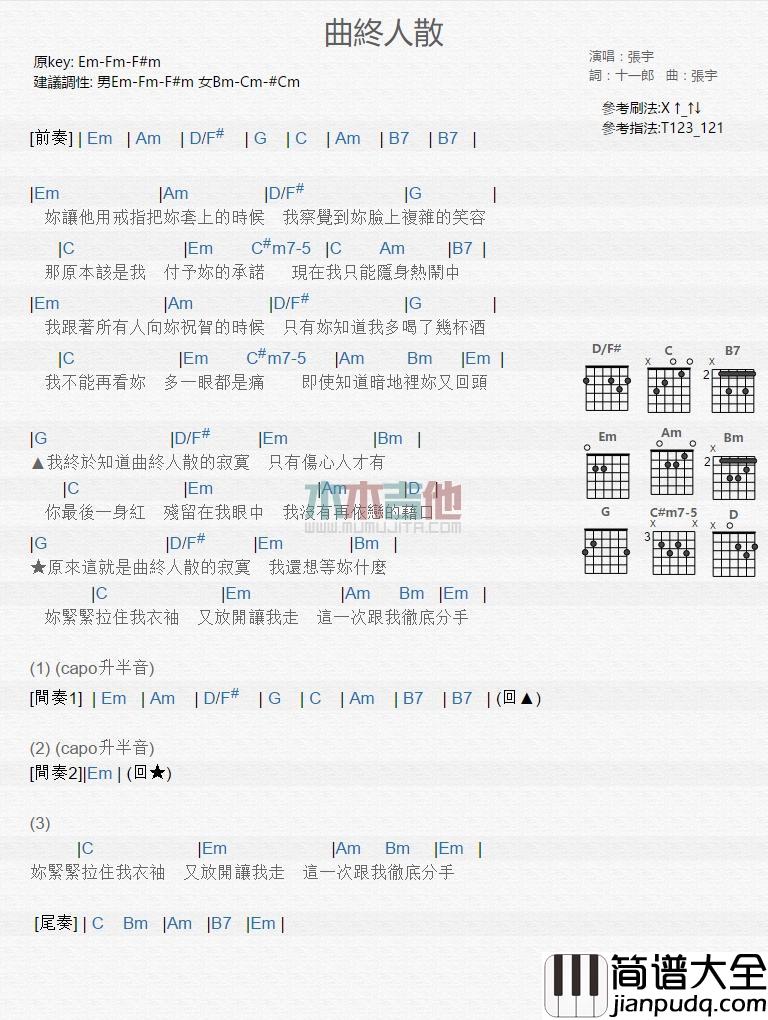 曲终人散_吉他谱_张宇
