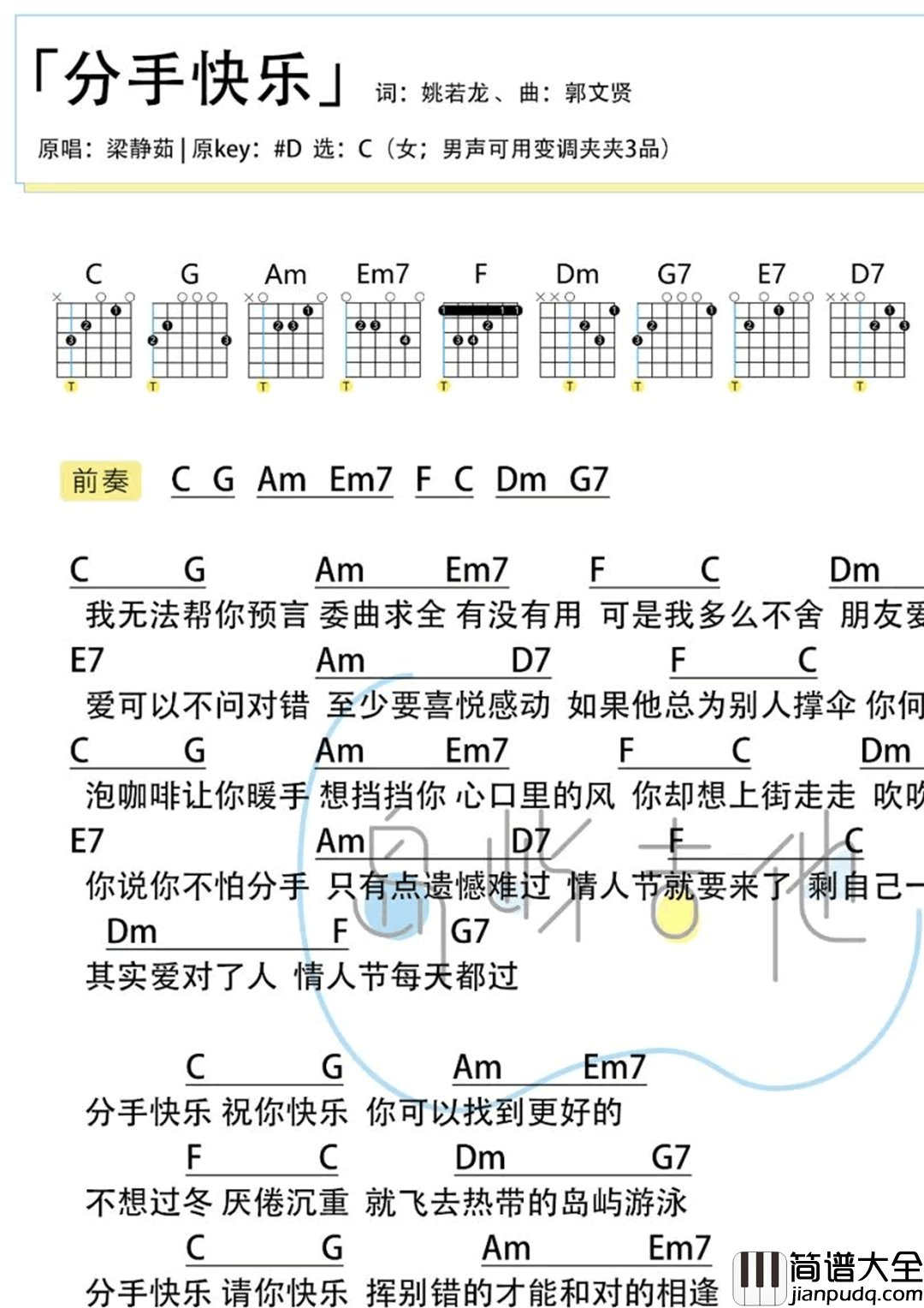 分手快乐吉他谱_C调_梁静茹_分手快乐_弹唱六线谱