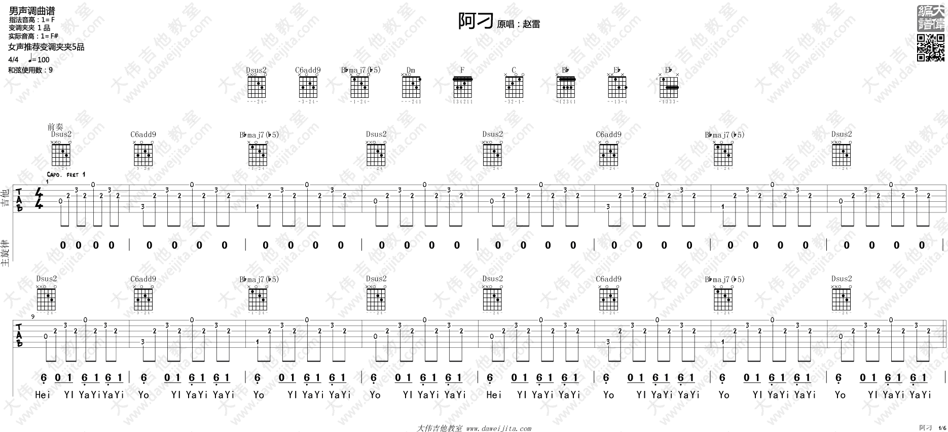 阿刁吉他谱_张韶涵/赵雷_高清图片谱_吉他弹唱示范视频