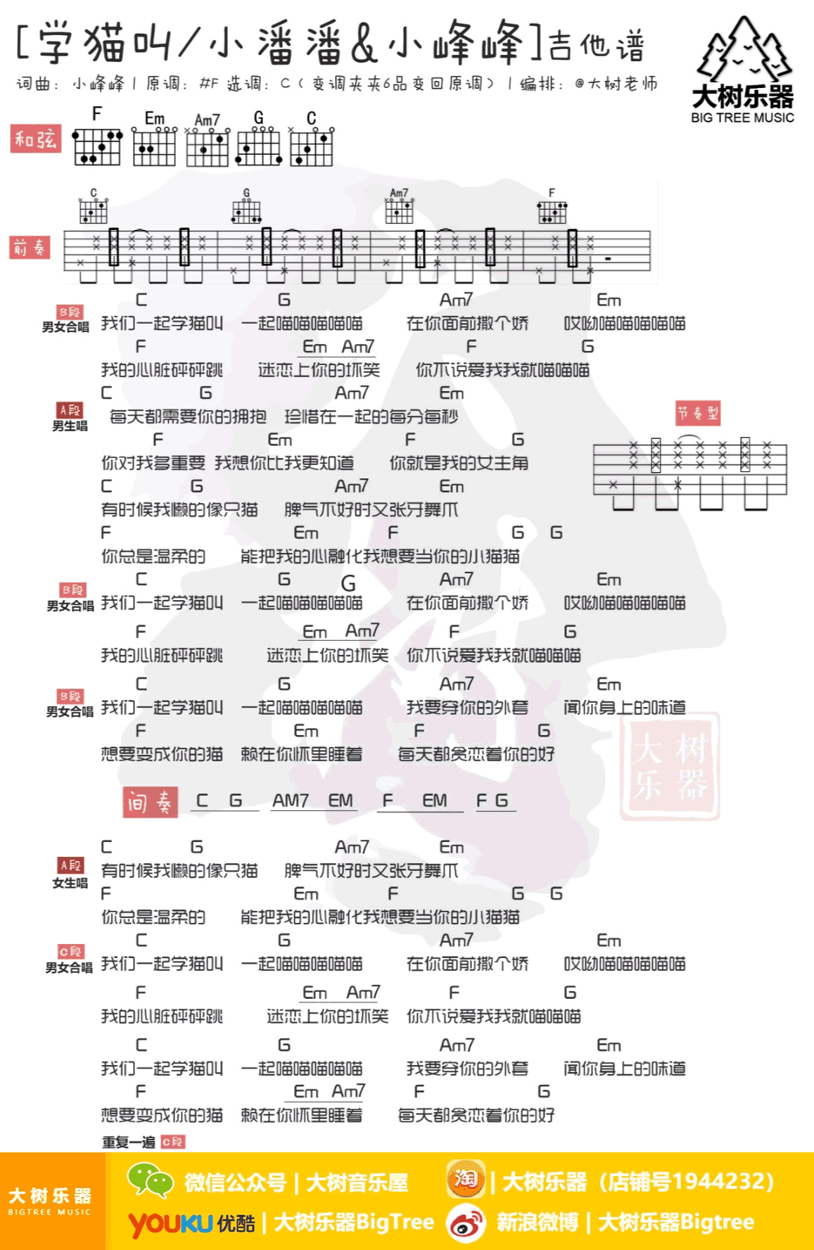 学猫叫吉他谱_C调弹唱谱_抖音歌曲_吉他教学视频