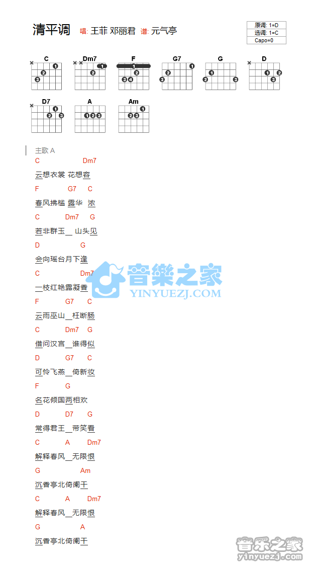 清平调吉他谱_C调和弦谱_王菲