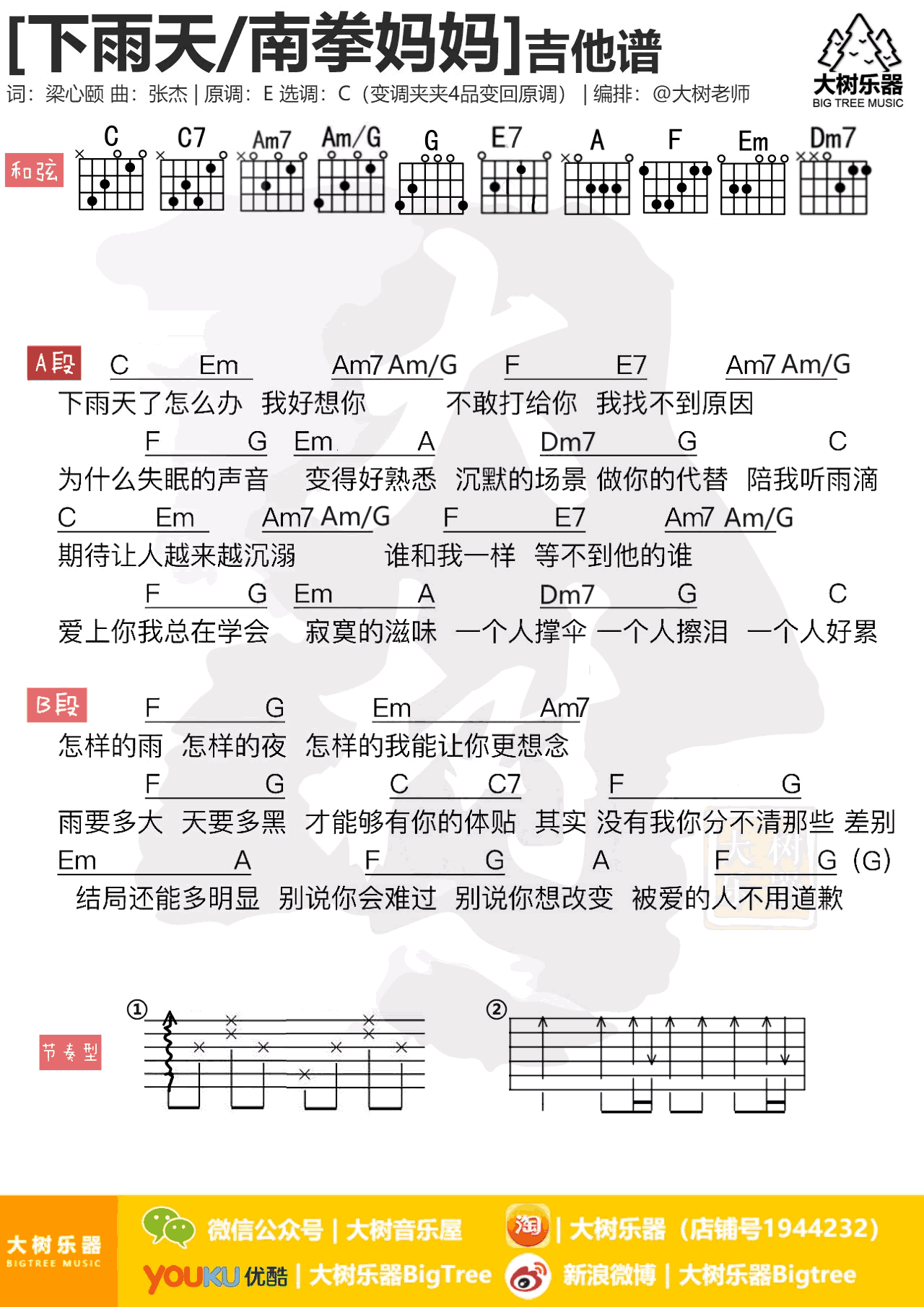 下雨天吉他谱_南拳妈妈_C调和弦_吉他弹唱教学